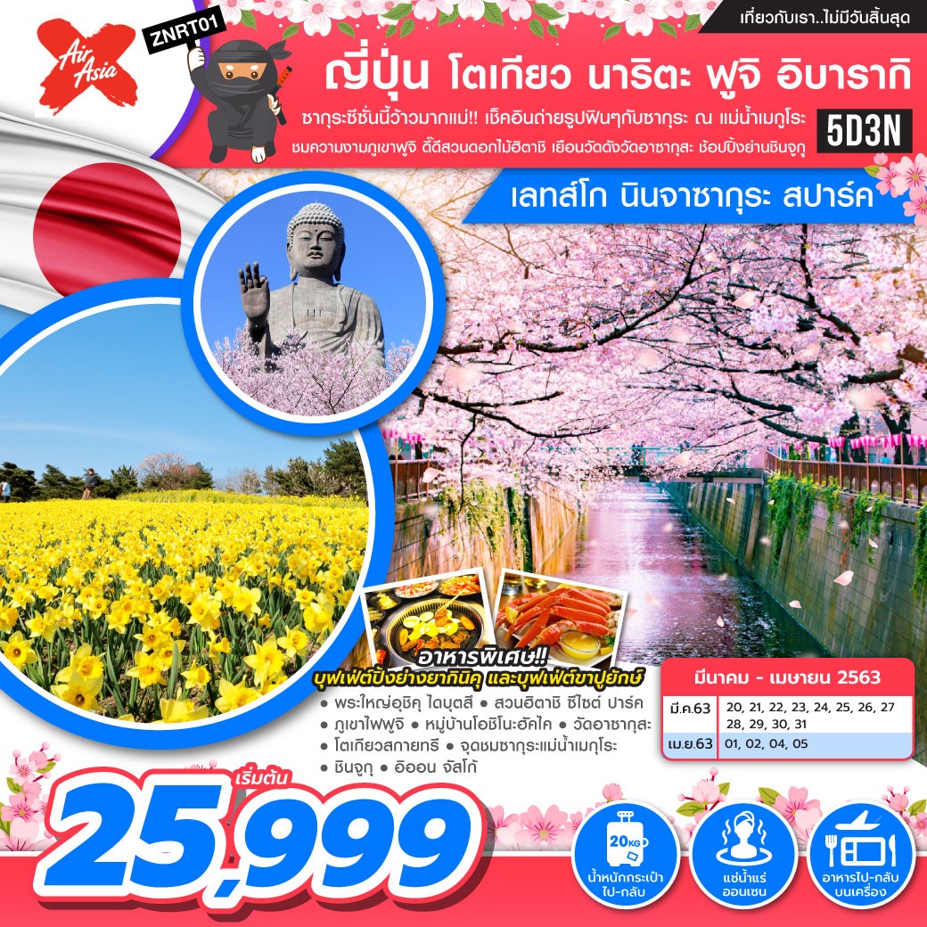 ทัวร์ญี่ปุ่น โตเกียว นาริตะ ฟูจิ อิบารากิ เลทส์โก นินจาซากุระ สปาร์ค 5D3N (MAR-APR20)(ZNRT01)